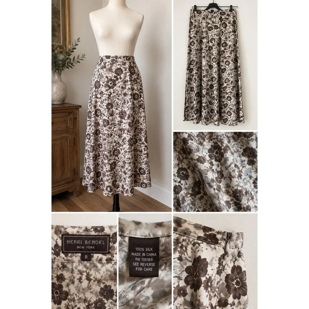 Vintage Henri Bendel Womens 100% Silk Floral Midi Skirt Romantic 90s Size S